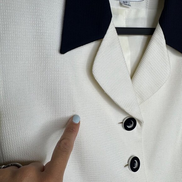 VTG 80s Kasper A.S.L. 8P Dark Blue Ivory Short Sleeve Blazer & Skirt Set Office - Picture 14 of 16